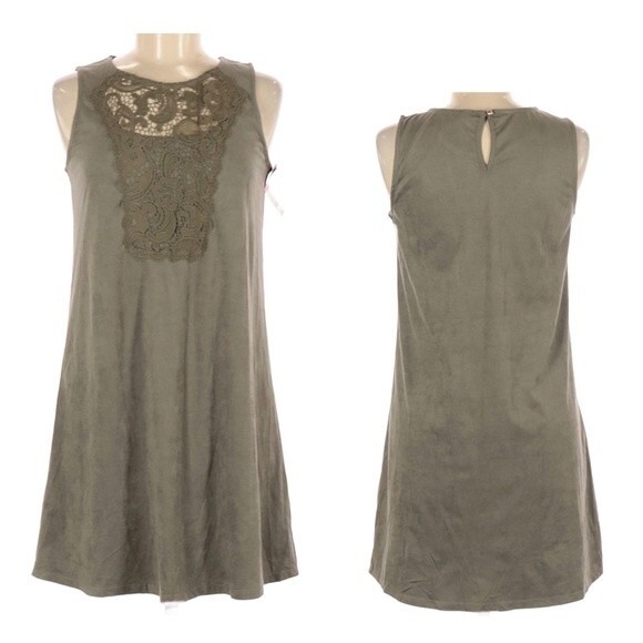 Olive Green Lace & Suede Shift Dress Size small NWOT - Picture 1 of 7